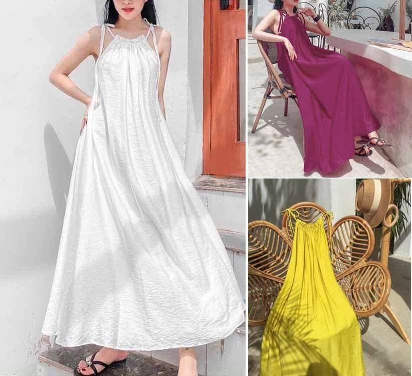 Đầm Maxi cổ yếm buộc nơ
