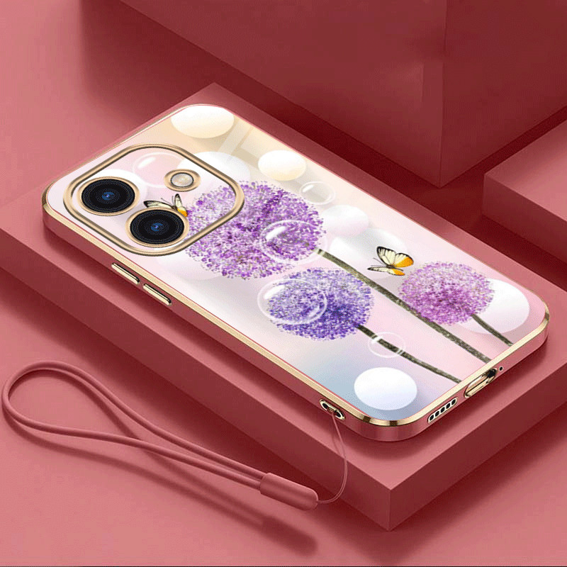[Free Lanyard] OPPO A3x A3 Luxury Dandelion Flower Casing Square Edges Plating Back TPU Soft Case Cover. 