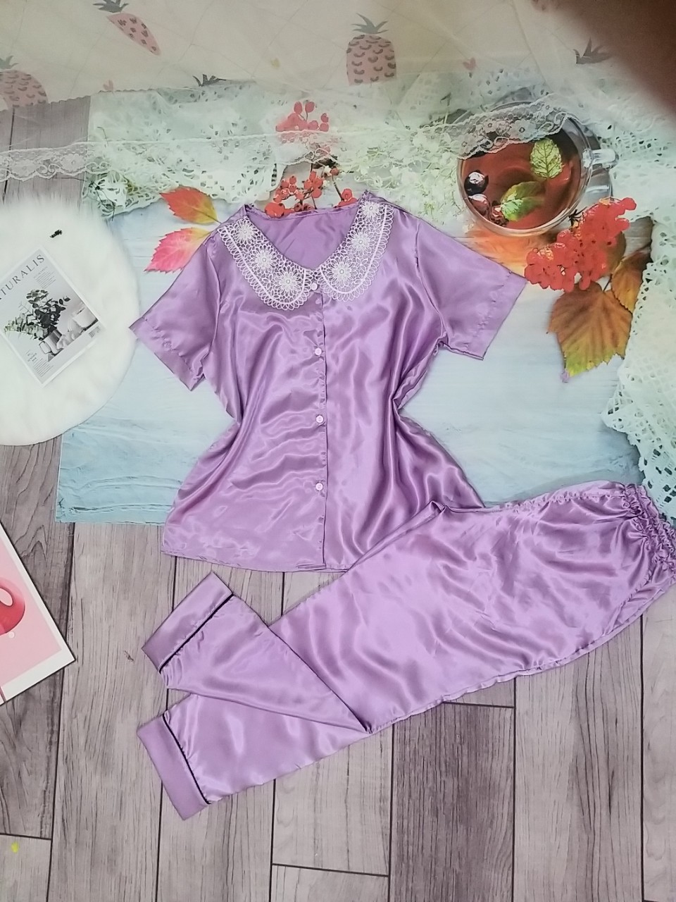 Set Pijama Tay Ngắn Tiểu Thư Siêu Xinh  Đồ Bộ Pijama Tay Ngắn Nữ Vải Phi Bóng Freesize dưới 58kg