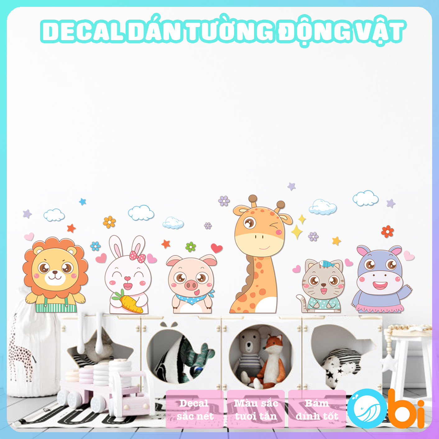 Decal dán tường cho bé  - Decal động vật vui vẻ Obi