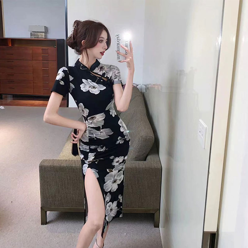 NICK Printed improved cheongsam high slit daily hip-covering pleated waist mid-length dress