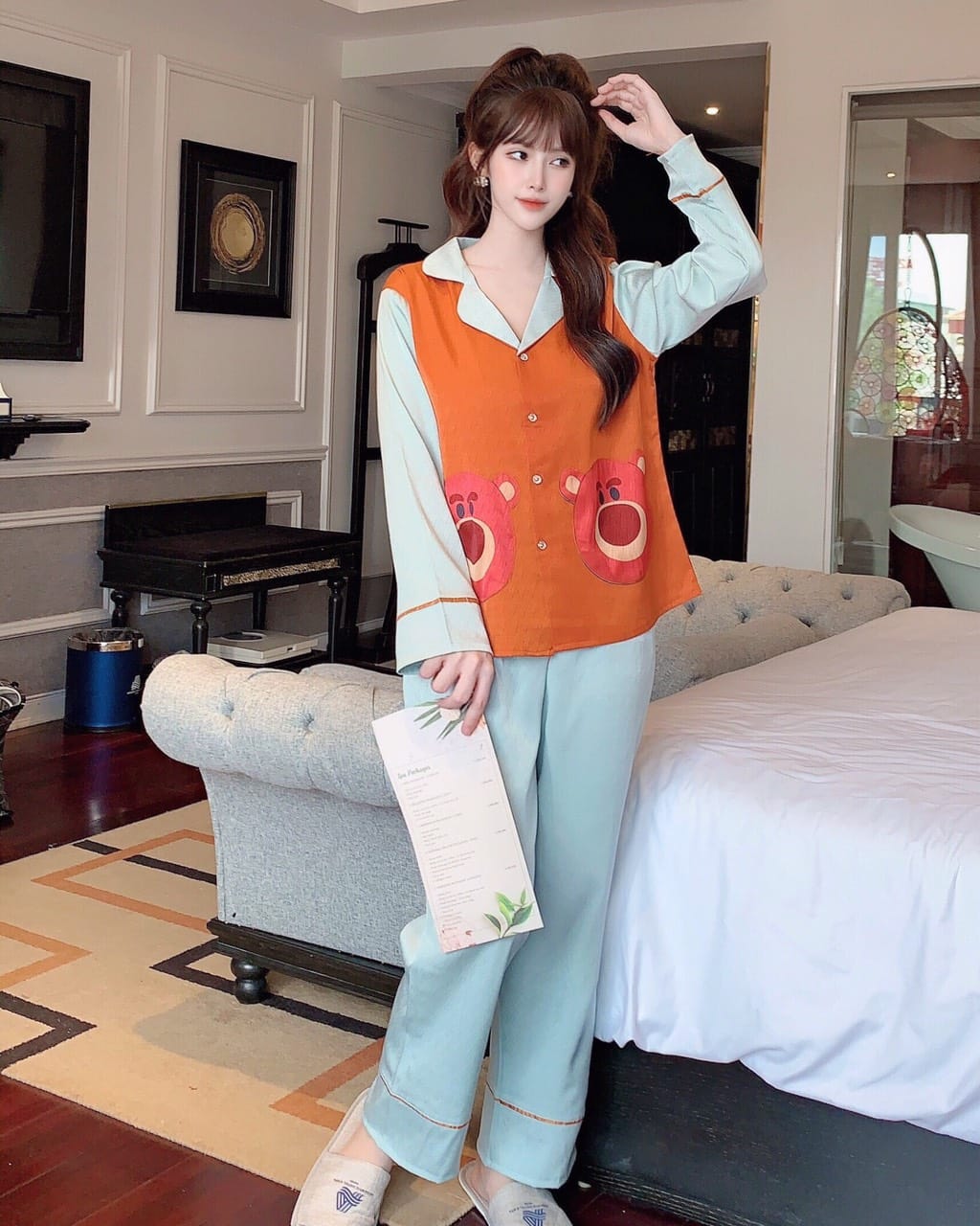 Đồ Bộ Lụa Satin Cao Cấp Dài Kiểu Dáng Cực Xinh  - Mẫu mặc sp thật