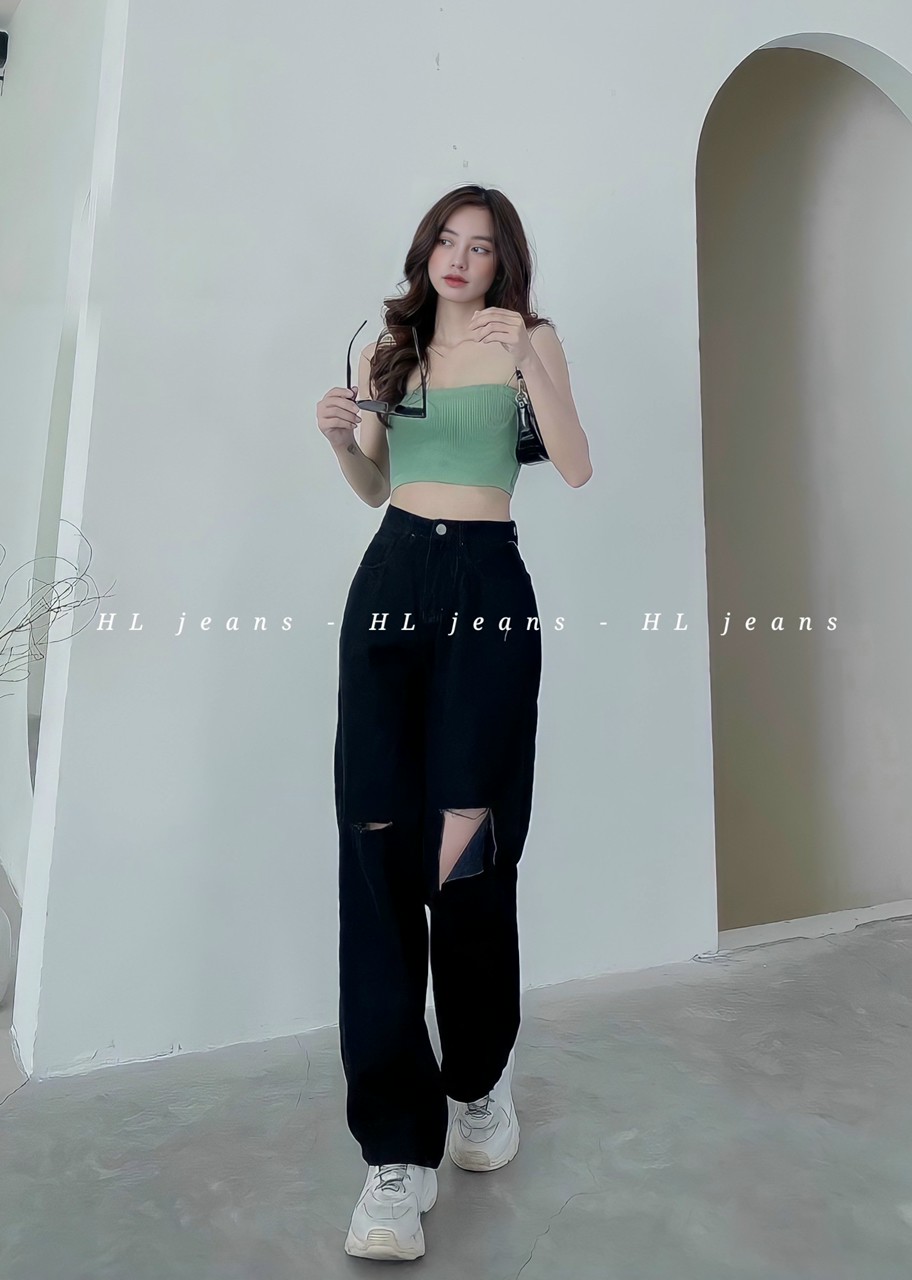 Quần jean nữ Suông nữ ống rộng màu Đen rách kiểu cá tính - Quần bò nữ lưng cao - Xưởng May Tú Linh