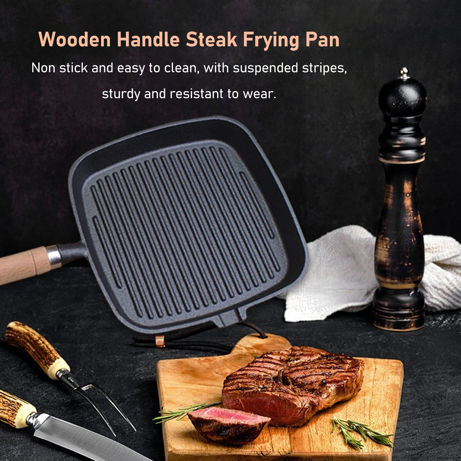 Cast Iron Pan Cast Iron Skillet Wooden Handle for Steak