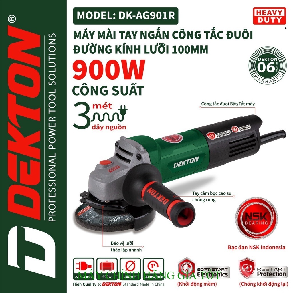 Máy mài góc 100mm dekton 900w / dk-ag901r / công tắc đui/ chông khoit động lại . đl gggg