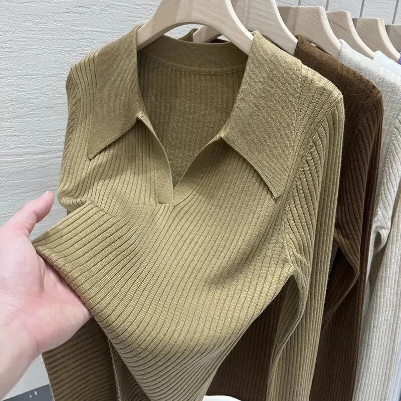 Polo Neck Slim Long Sleeve Knit Women's Spring and Autumn Thin Solid Color Basic Loose Pullover Top