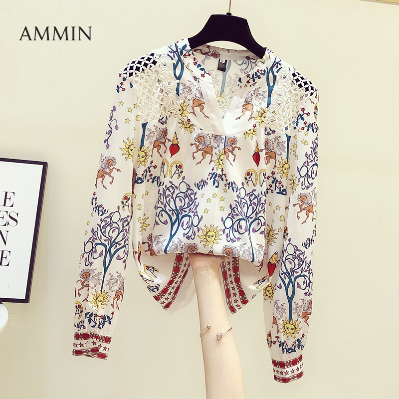 AMMIN 2023 early spring new v-neck fashion floral print chiffon shirt women's retro graffiti print korean style embroidery crocheted hollow lace stitching elegant long-sleeved blouse female ins tops
