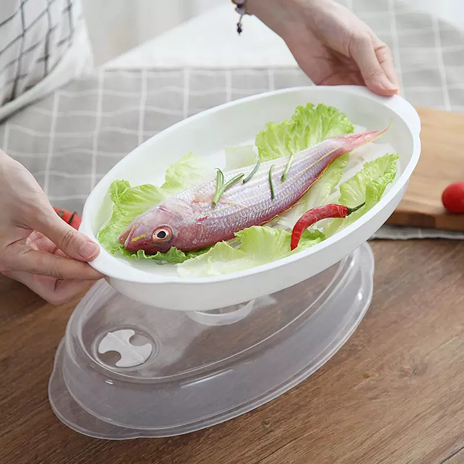 Fish Steaming Dish Microwave Steamer for Fish Authentic Steamed Fish Plate Microwaveable Transparent Cover Perfect for Home Kitchen
