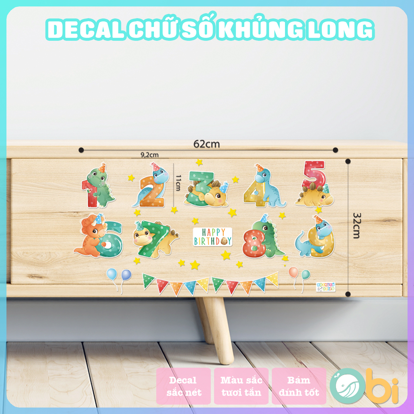 Decal Dán Tường Cho Bé - Bảng Chữ Số Khủng Long Obi