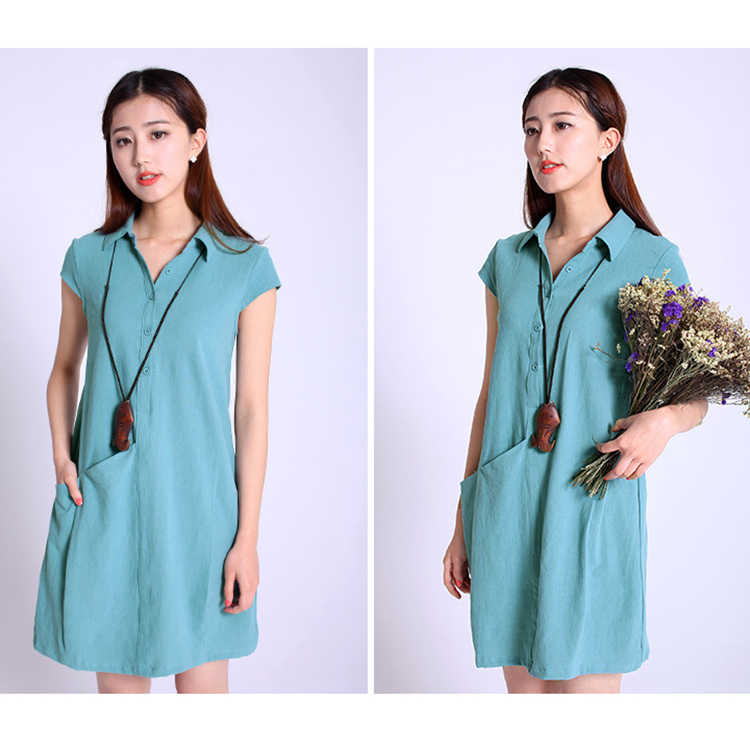 Đầm suông công sở chất đũi cổ sơ mi phối túi chéo
