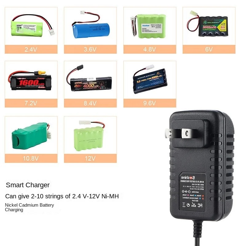 【Limited Time Only】 2s-10s NIMH NiCd charger 2.4V 3.6V 6v 4.8v 7.2V 8.4V 9.6v 12v 0.5A-1A NIMH charger with 8 connectors.