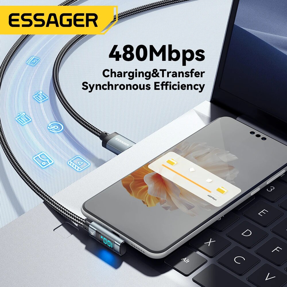 Essager 7A 100W USB C Cáp Sạc Nhanh Màn hình hiển thị kỹ thuật số PD Loại C để Loại C 90 độ khuỷu tay Loại C Cáp cho Huawei mate60 Pro Xiaomi Samsung Vivo dây dữ liệu