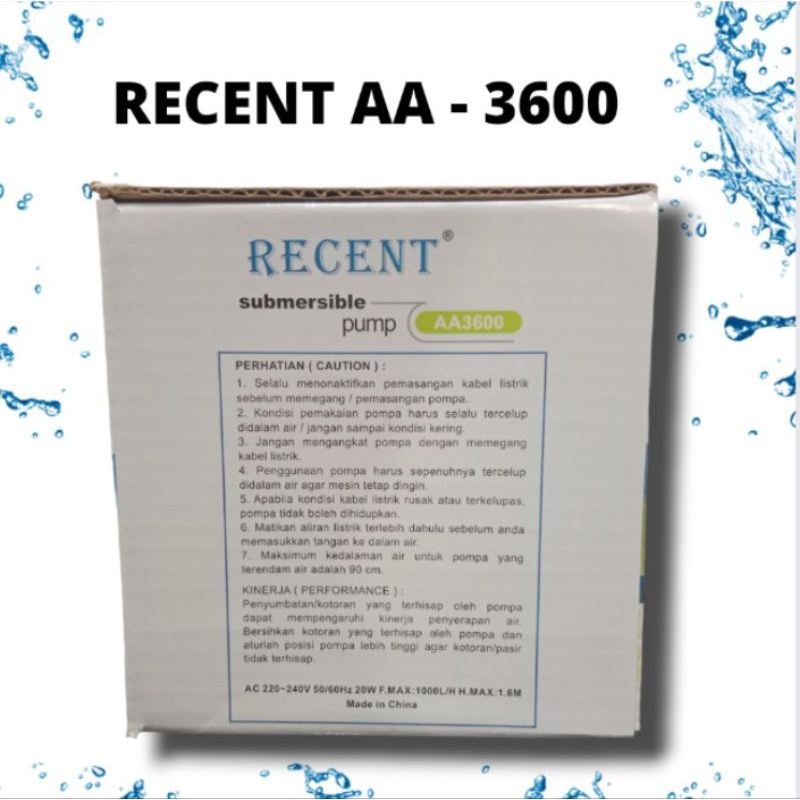 RECENT AA 3600 Pompa aquarium kolam hidroponik