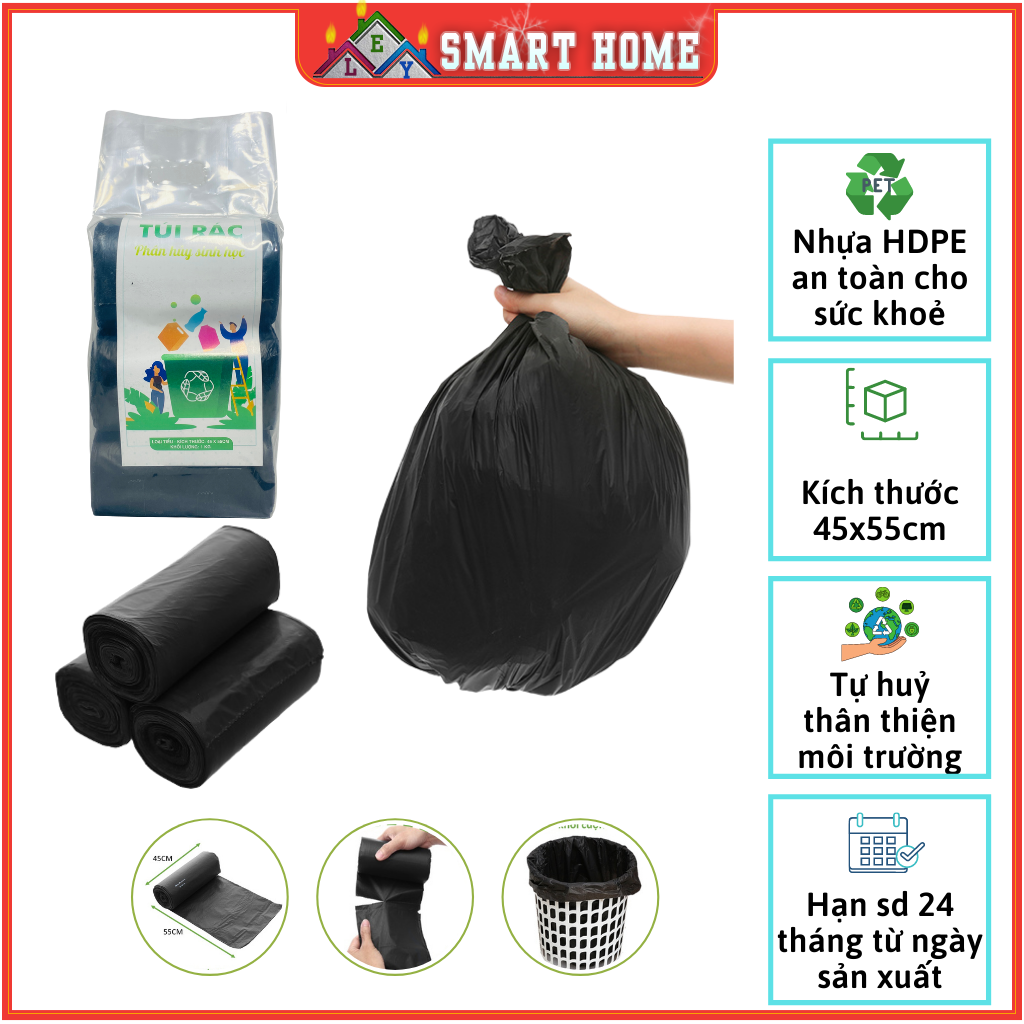 Túi đựng rác, túi đựng rác tự phân huỷ sinh học cỡ nhỏ Loại 3 cuộn 45 x 55 cm - 1kg