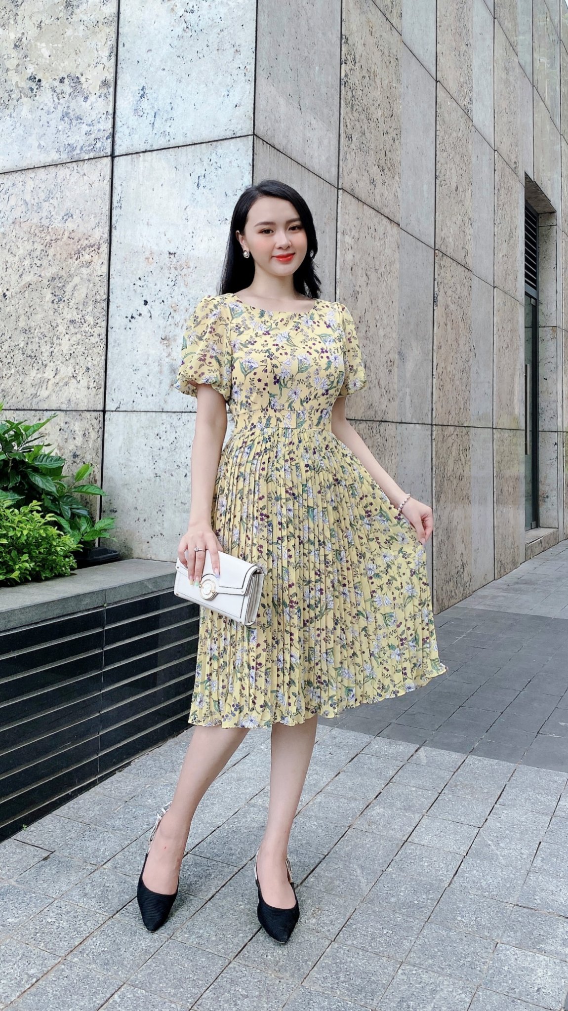 Đầm hoa phối dập ly tay lồng đèn - dam 0019