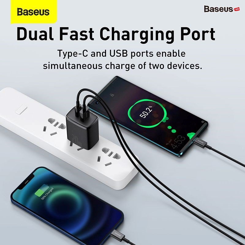 Củ sạc nhanh 20w Baseus Compact Quick Charger 2 cổng USB + USB C, 20W PD/QC 3.0 Multi Quick Charge Support, củ sạc 20w sạc nhanh cho iphone, ipad