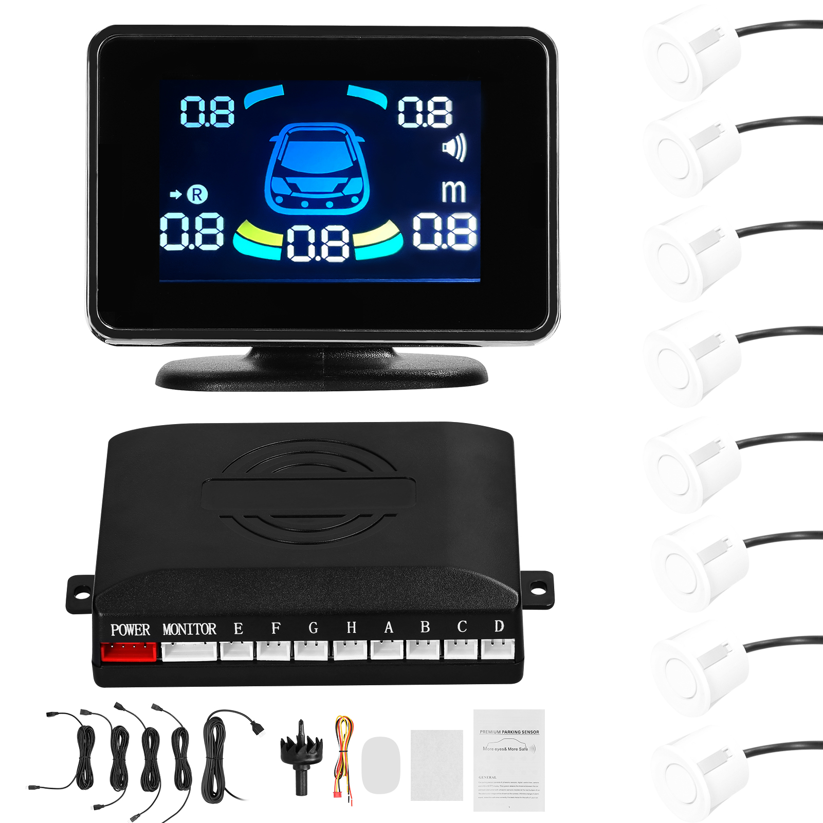 Car Parking Sensor Reversing Radars System Front & Rear Support Sound Warning/Buzzer/Mute with 8 Parking Sensors Distance Detection LCD Distance Display Volumes Adjustable