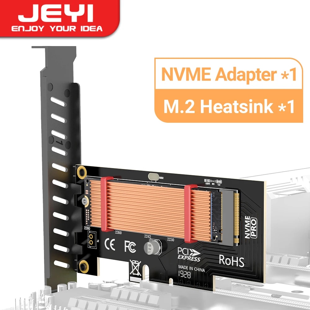 Jeyi pcie to nvme adapter with aluminum ssd heatsink cooler, 64gbps m.2 ssd gen4 pcie 4.0 x4 x8 x16 expansion card for desktop
