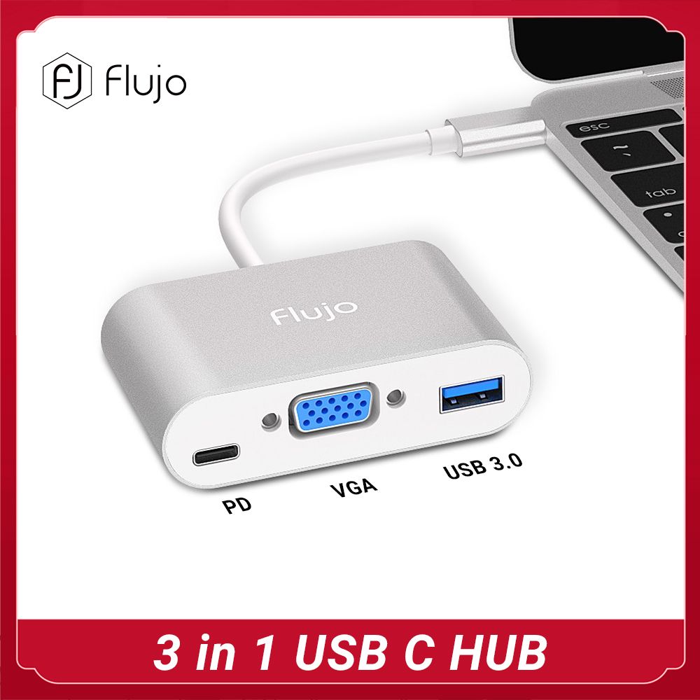 Flujo USB C VGA Hub Aluminium USB Type C Adapter to 1080P VGA, 60W USB
