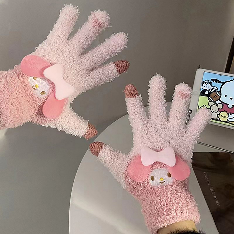 Cute Sanrio Kuromi Melody Gloves Plush Coral Winter Warm Gloves Pochacco Cute Gloves Student Cycling Five-finger Gloves Bayline.
