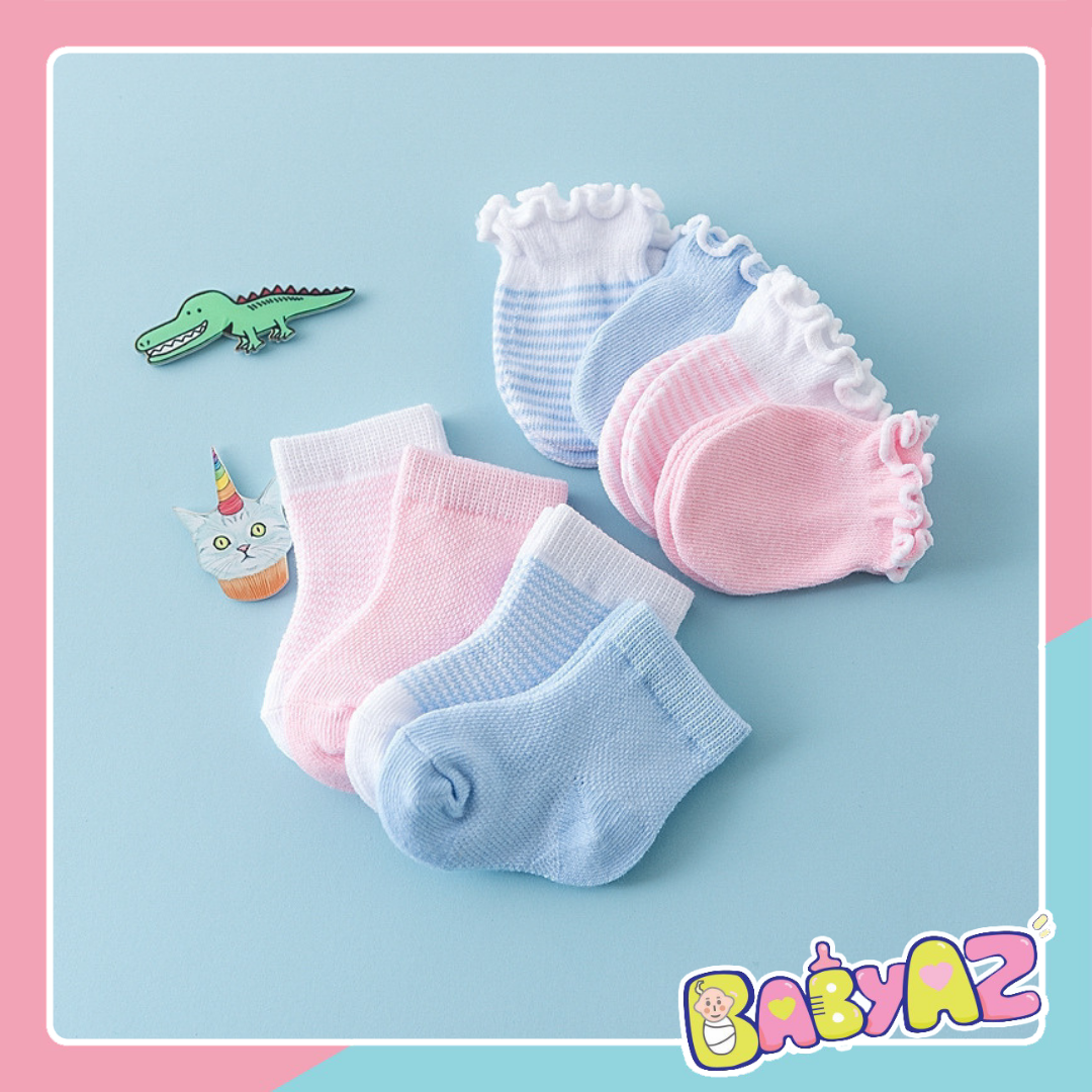 Bao tay bao chân sơ sinh len lưới, sét tất vớ tay chân cho bé 0- 3 tháng hàng cao cấp mềm mịn BabyAZ.