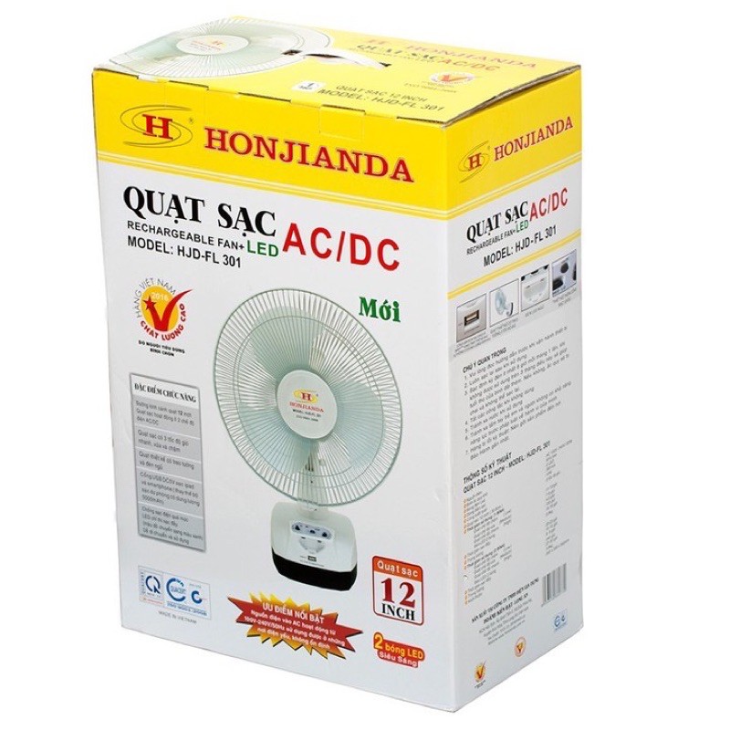 QUẠT SẠC HONJIANDA HJD - FL 301 LED (Lồng xoay)