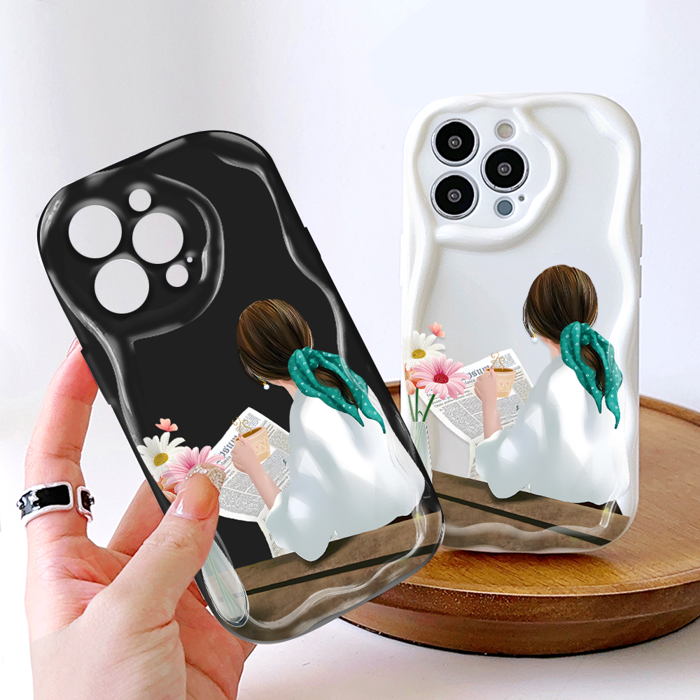 UCUC for Redmi Note 14 Note 14 Pro Note 14 Pro Plus 5G Xiaomi Poco X7 5G Back Cover Girl Drinking Tea Cream Texture Wavy Edge Soft Silicone Phone Case. 