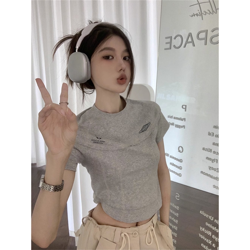 HengShanYuan women's t-shirt Cropped Short Sleeve Round Neck Printed Curved Hem T-Shirt Y2K Style Vintage Print T-Shirt European and American style T-shirt