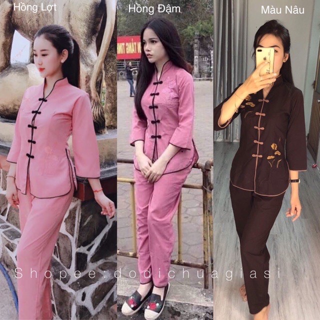 Đồ Lam Đi Chùa mẫ sẩm thêu sen