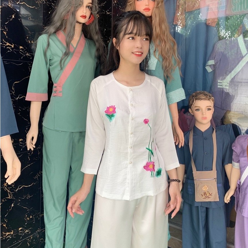 Trang phục truyền thống Bộ quần áo Phật tử, đồ lam đi chùa mẫu nữ vải lụa mã LH02