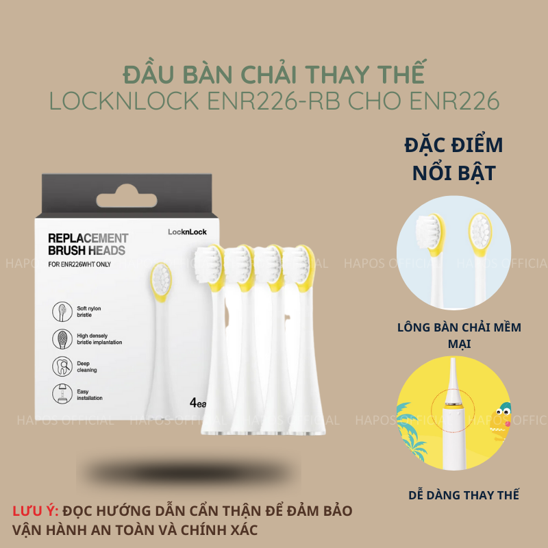 Bộ 4 đầu bàn chải điện cho bé LocknLock ENR226WHT-RB - Hàng chính hãng, lông chải mềm - HAPOS OFFICIAL