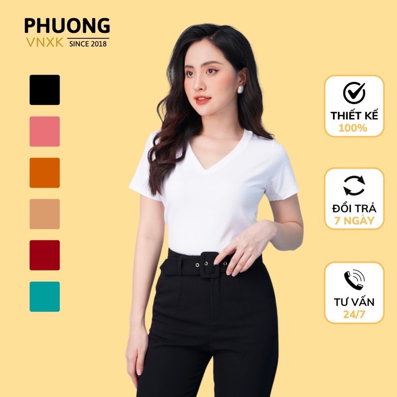 Áo thun nữ trơn cổ tim ngắn tay dáng suông cotton basic