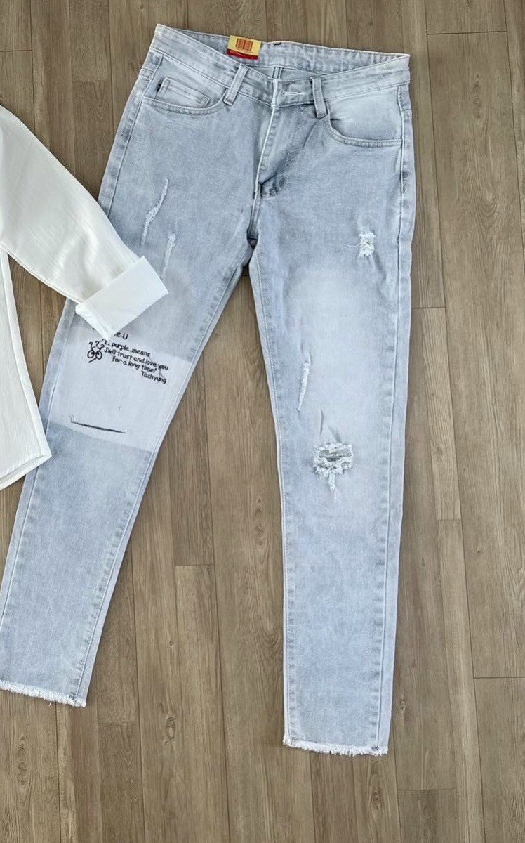 quần jean nam dài xanh rách gối thêu chữ đẹp nhiều mẫuchất jean dày dặn kiểu dáng trẻ trung giá tốt KAYSTORE