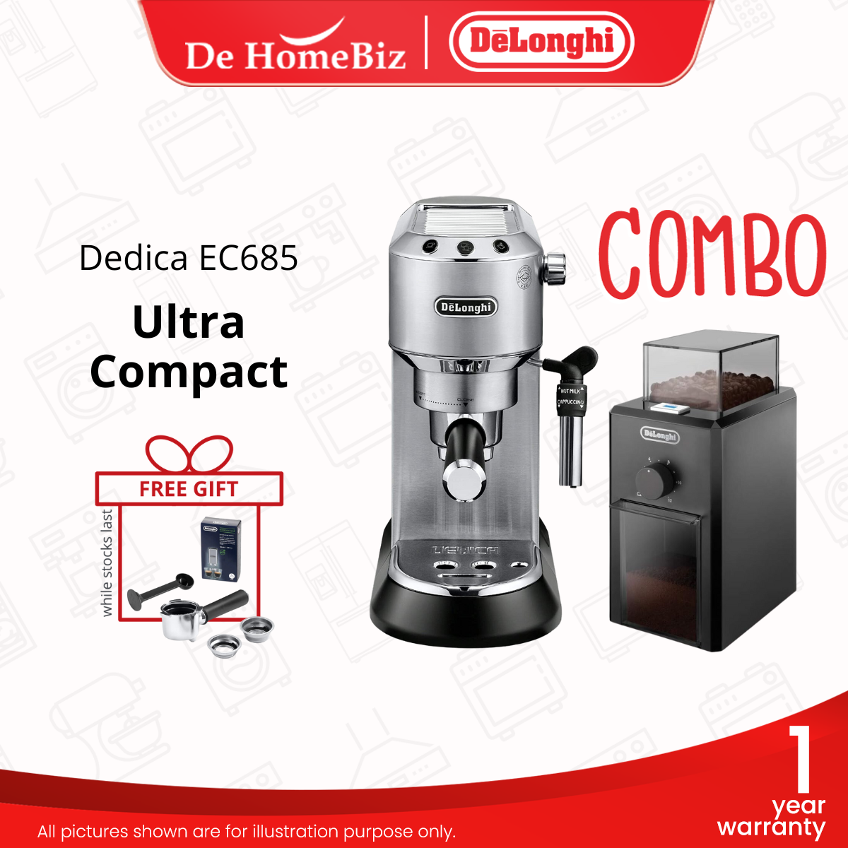 DELONGHI EC685 Dedica Pump Espresso Coffee Machine Combo KG79 Burr