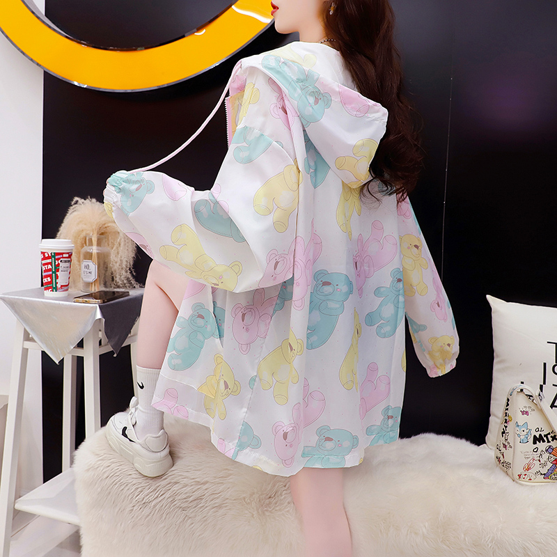 DEUKIO High quality mid-length loose sun protection jacket Women's thin sun protection jacket with zipper Printed hooded jacket
