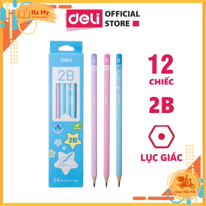 (Hộp 12 Cây) Bút chì Deli 2B C037 Thân Lục Giác Kèm Gôm