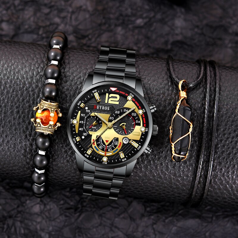 3pcs Set Fashion Mens Watches Luxury Business Casual Calendar Male Watch Stainless Steel Quartz Men Necklace