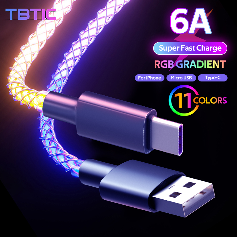 LED 6A Fast Charging USB Type C Cable Micro USB  Metal Head For iphone 14 13 Huawei Android Phone Charger For Xiaomi Samsung Type C Cable Micro USB Data Line
