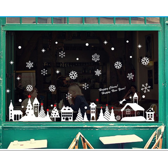 Decal trang trí noel thành phố tuyết trắng