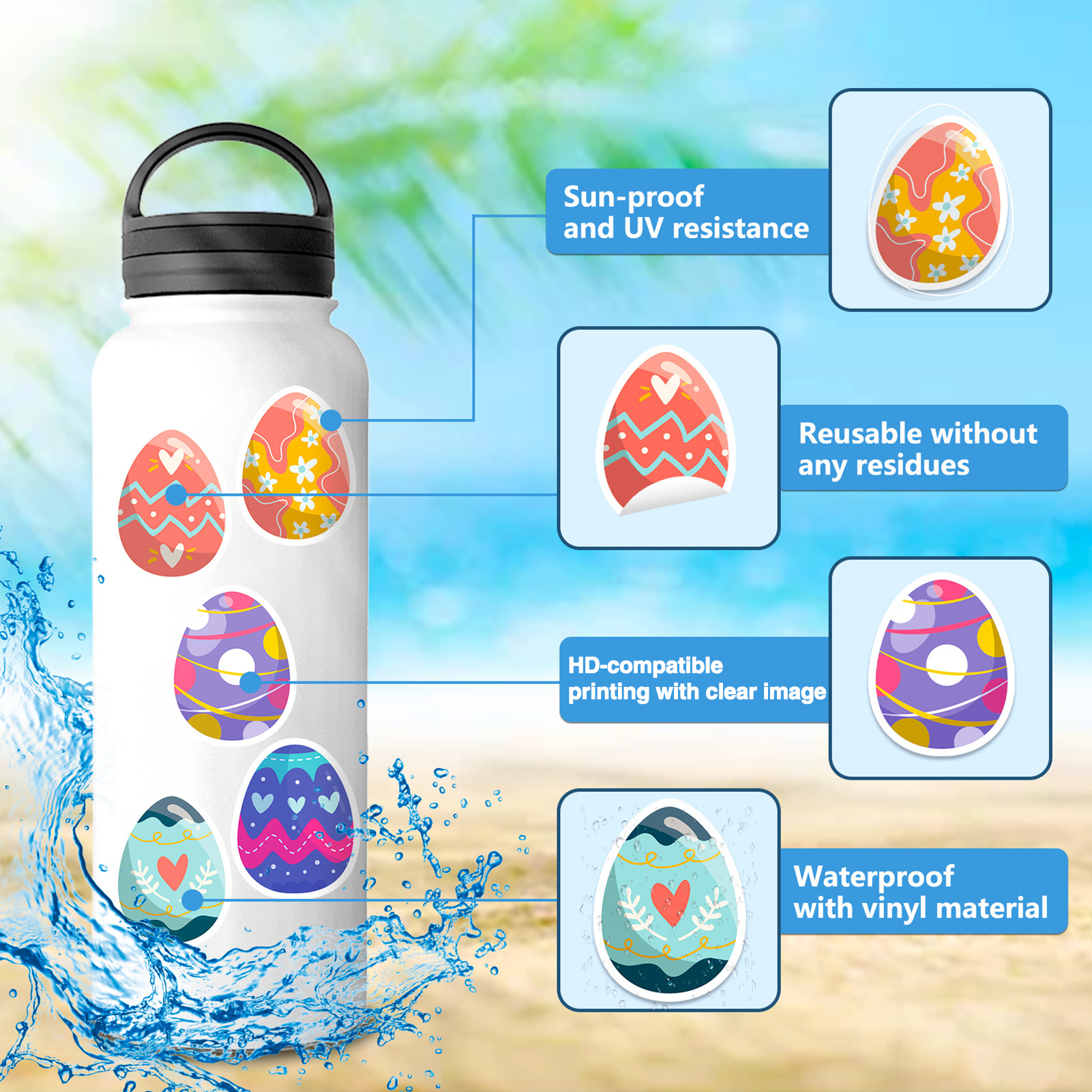 Waterproof Easter Stickers Easter Eggs Stickers Colorful Easter Egg Stickers Waterproof Decals for Water Bottles Laptops Skateboards Diy Festival Decoration