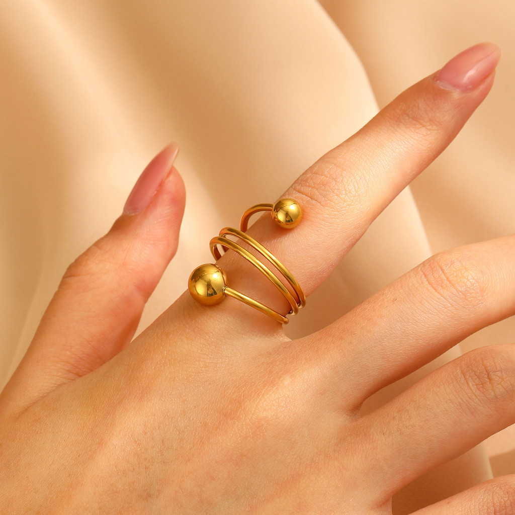 Personal Ring Stainless Steel 18K Gold Spherical Ball Round Open Ring Adjust for Women Girl Accessories No Fade Trendy Fashion Jewelry. 