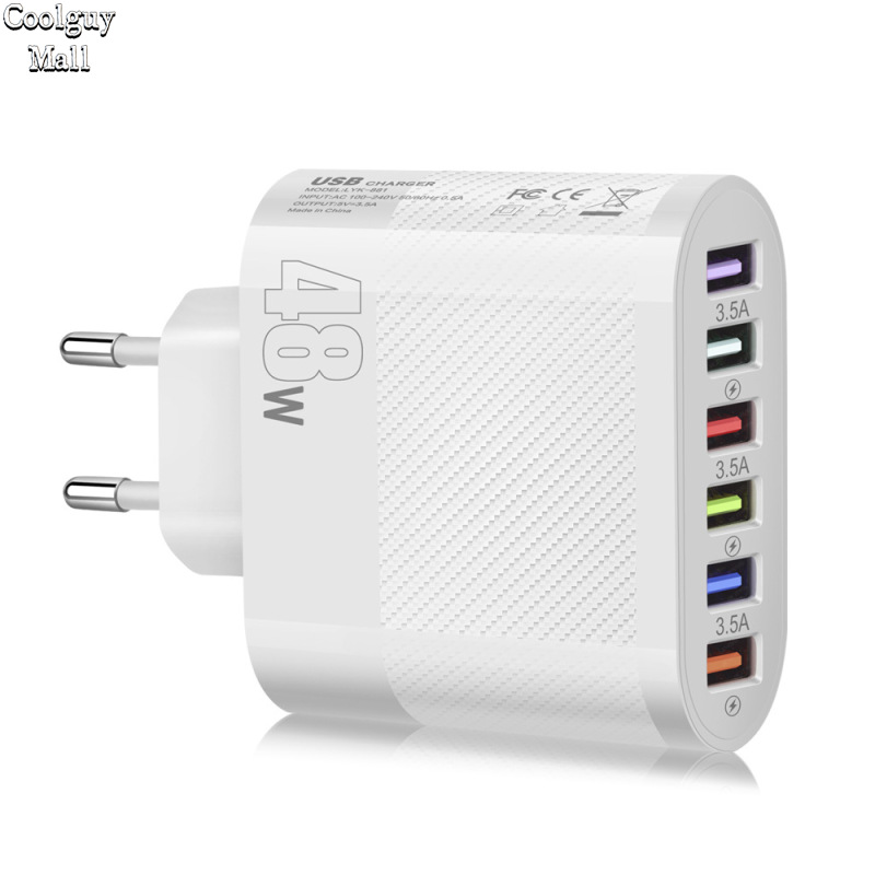 USB Wall Charger 48W 6-Port Fast Charging Block Adapter Plug Compatible For IPhone Android Tablet PC Mobile Phone