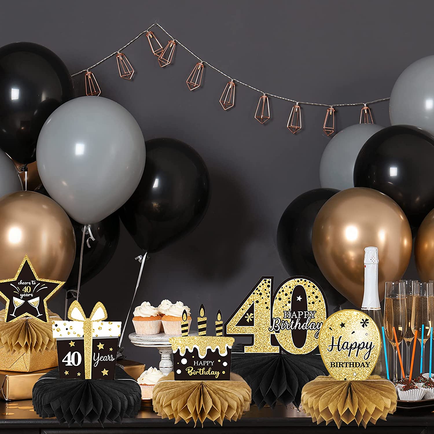 SG Seller]9 Pieces 40th Birthday Decoration 40th Birthday Centerpieces for Tables Decorations Cheers to 40 Years Honeycomb Table Topper for Men and Women Forty Years Birthday Party Decoration Supplies(40th)