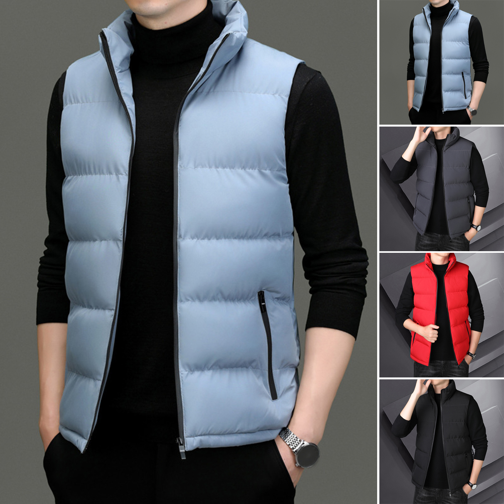 Guyouzi® Men Down Vest Men Sleeveless Top Men's Warm Windproof Down Vest with Dual Pockets Sleeveless Waistcoat for Autumn/winter Stand Collar Zipper Closure Casual Solid Color Top