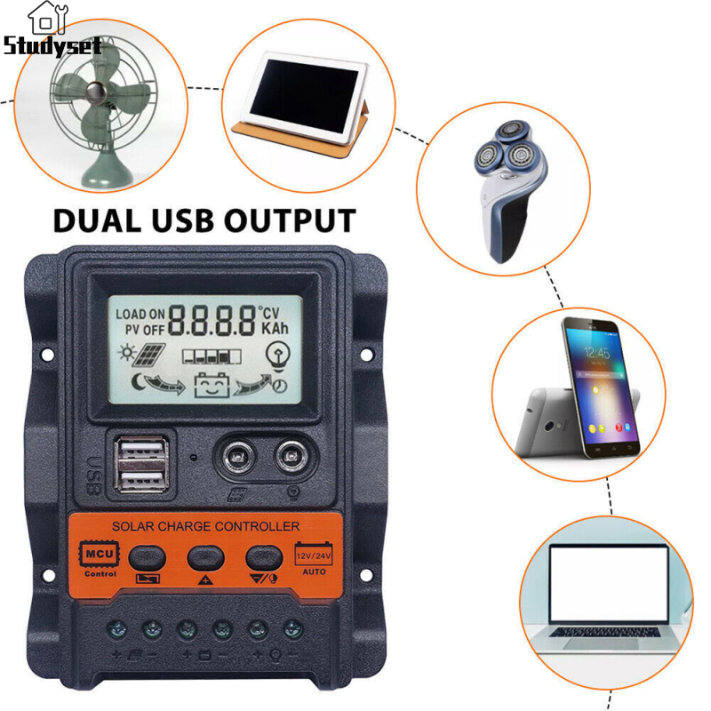 Studyset IN stock 30A Solar Charge Controller 12V/ 24V Solar Panel Regulator With LCD Display Dual USB Port PWM Auto Paremeter