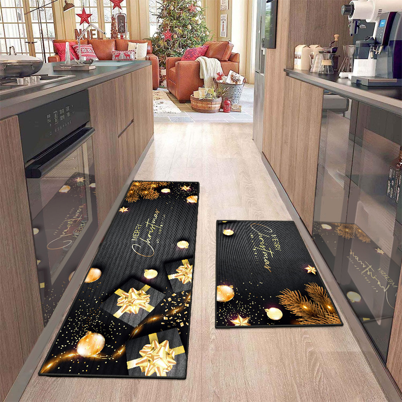 Christmas Floor Mat Kitchen Mat Strip Set 40x60cm with 40x120cm Door Mat Non-slip Foot Mat