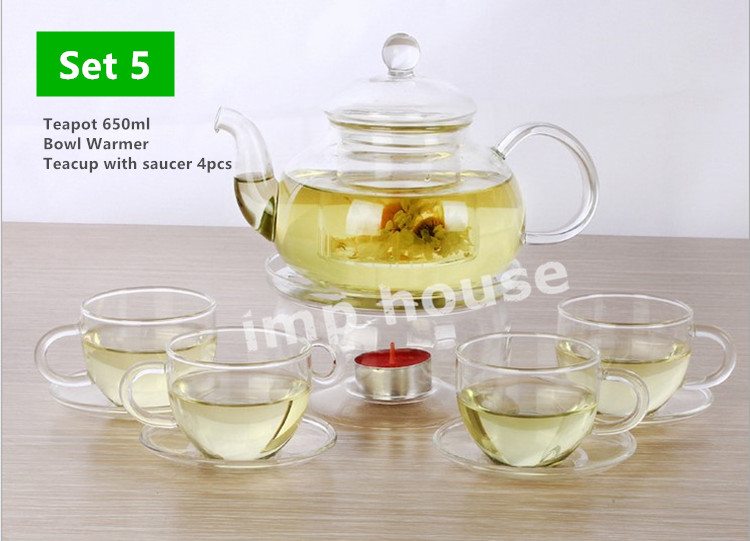 [SG] IMP House Borosilicate Glass Tea Pot Set with Teacups and Glass Warmer Teapot with Cups