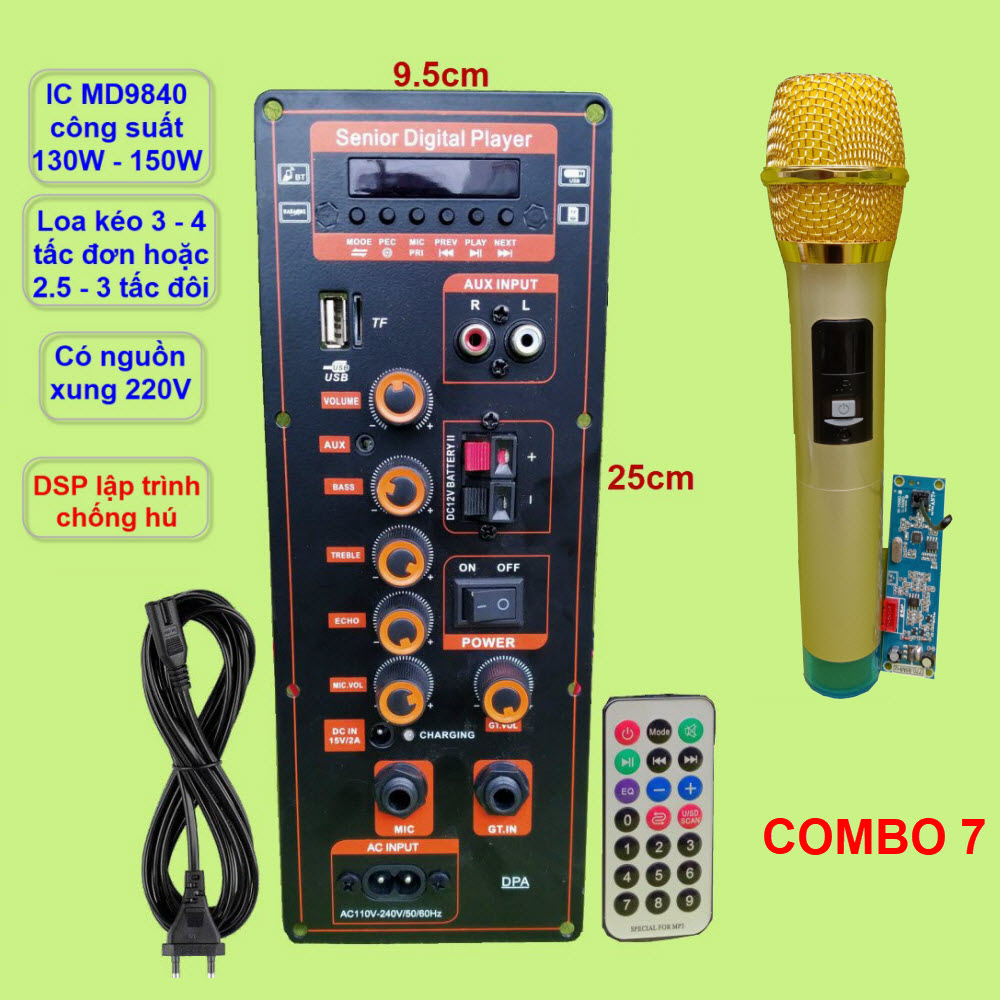 Mạch loa kéo DSP lập trình chống hú IC MD9840 công suất 130W – 150W có nguồn xung 220V Kèm micro không dây