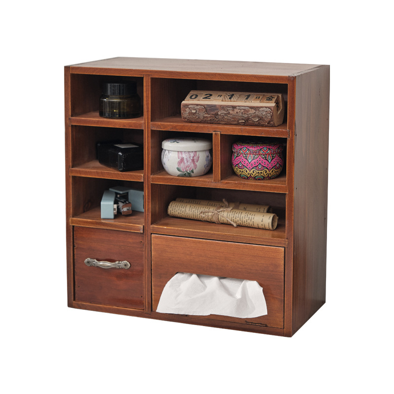 Retro storage box with tissue box, table shelf, wooden tabletop storage box, storage cabinet