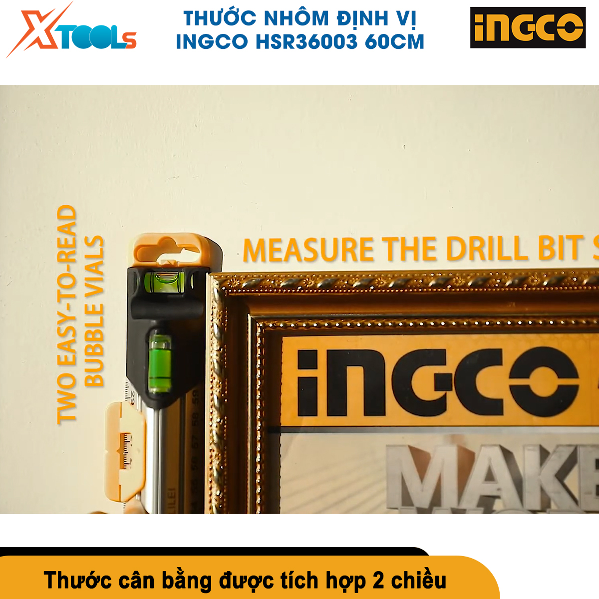 Thước nhôm định vị đa năng INGCO HSR36003 60cm thước thủy cân bằng xây dựng tích hợp đa chức năng thang đo ổ cắm điện ống nước